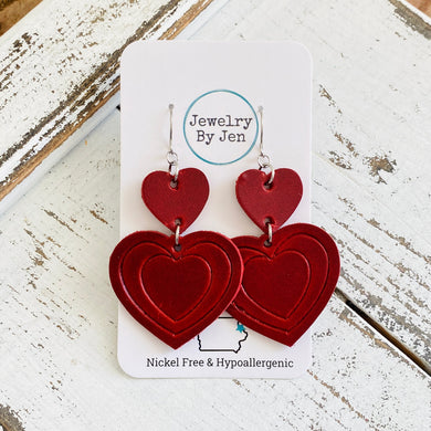 Embossed Double Heart Earrings: Deep Red