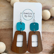 Load image into Gallery viewer, Walnut Trapezoid w/Turquoise Square Earrings