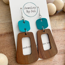 Load image into Gallery viewer, Walnut Trapezoid w/Turquoise Square Earrings