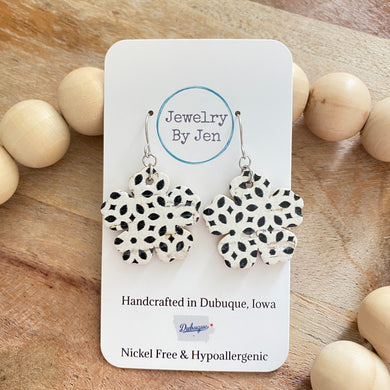 Sue’s Forget Me Not Earrings: Black & White Deco Cork