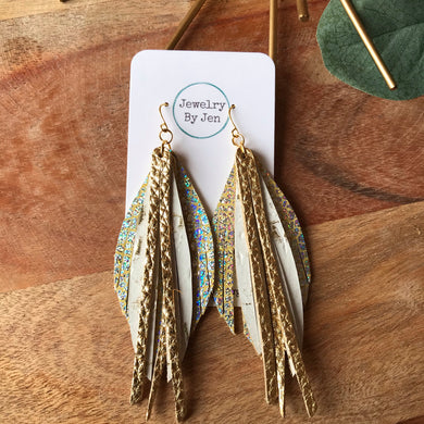 Fringe Earrings: Holographic Crackle, White Wildwood & Gold
