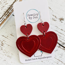 Load image into Gallery viewer, Embossed Double Heart Earrings: Deep Red