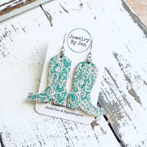 Cowgirl Boot Earrings: Aqua Lace