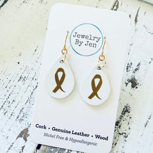 Load image into Gallery viewer, Small Teardrop Earrings: White w/Awareness Ribbon