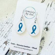 Load image into Gallery viewer, Small Teardrop Earrings: White w/Awareness Ribbon