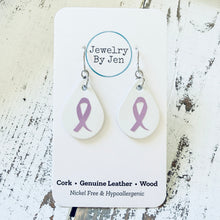 Load image into Gallery viewer, Small Teardrop Earrings: White w/Awareness Ribbon