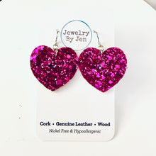 Load image into Gallery viewer, Medium Heart Earrings: Fuchsia Glitter