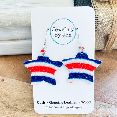 Star Earrings (Medium): Red, White & Blue Fine Glitter