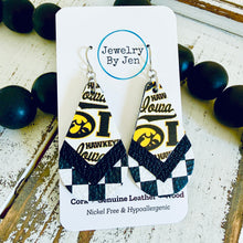 Load image into Gallery viewer, Iowa Hawkeyes Triple Stacked Teardrop Earrings:Collage &amp; Checkerboard