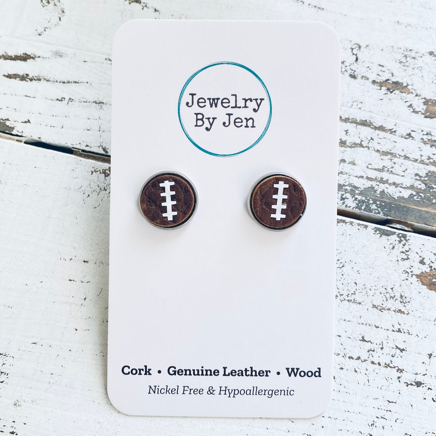 Stud Earrings: Brown & White Football