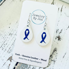 Load image into Gallery viewer, Small Teardrop Earrings: White w/Awareness Ribbon