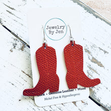 Load image into Gallery viewer, Cowgirl Boot Earrings: Ruby Red Saffiano