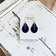 Load image into Gallery viewer, Small Teardrop Earrings: Black w/Gold Cross