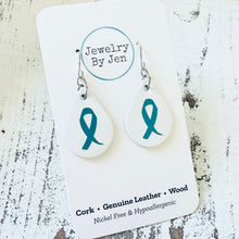 Load image into Gallery viewer, Small Teardrop Earrings: White w/Awareness Ribbon
