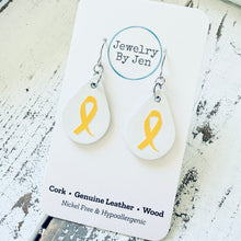 Load image into Gallery viewer, Small Teardrop Earrings: White w/Awareness Ribbon