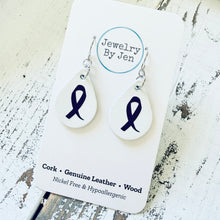 Load image into Gallery viewer, Small Teardrop Earrings: White w/Awareness Ribbon
