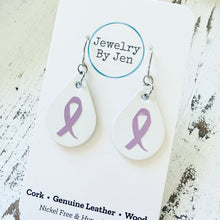 Load image into Gallery viewer, Small Teardrop Earrings: White w/Awareness Ribbon