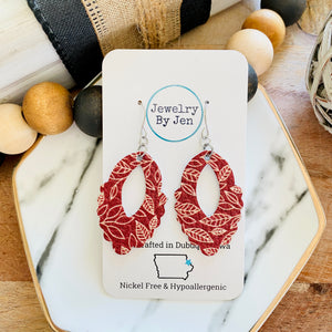 Scalloped Teardrop Earrings: Cranberry w/Cream Leaves