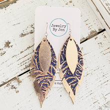 Load image into Gallery viewer, Jagged Feather Earrings: Rose Gold &amp; Navy Tooled