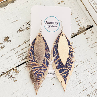 Jagged Feather Earrings: Rose Gold & Navy Tooled