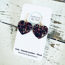 Load image into Gallery viewer, Small Heart Earrings: Black/Red/Gold Glitter