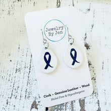 Load image into Gallery viewer, Small Teardrop Earrings: White w/Awareness Ribbon