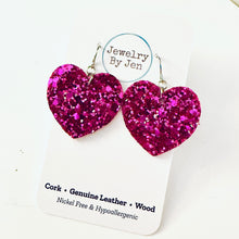 Load image into Gallery viewer, Medium Heart Earrings: Fuchsia Glitter