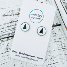 Load image into Gallery viewer, Stud Earrings: White w/Green Christmas Tree
