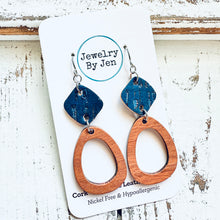 Load image into Gallery viewer, Wood Oblong &amp; Navy Cork Earrings