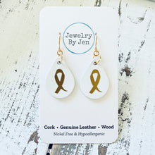 Load image into Gallery viewer, Small Teardrop Earrings: White w/Awareness Ribbon