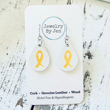 Load image into Gallery viewer, Small Teardrop Earrings: White w/Awareness Ribbon