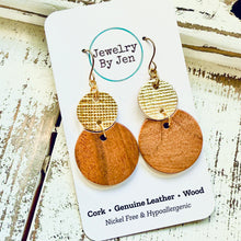 Load image into Gallery viewer, Round Wood &amp; Gold Earrings