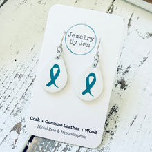 Load image into Gallery viewer, Small Teardrop Earrings: White w/Awareness Ribbon