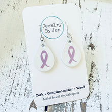 Load image into Gallery viewer, Small Teardrop Earrings: White w/Awareness Ribbon