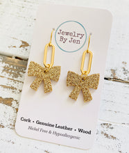 Load image into Gallery viewer, Bow w/Paperclip Charm Earrings: Fine Gold Glitter