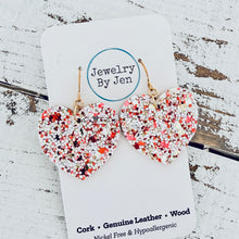 Load image into Gallery viewer, Medium Heart Earrings: Red/Gold/White Glitter