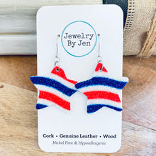 Load image into Gallery viewer, Star Earrings (Medium): Red, White &amp; Blue Fine Glitter
