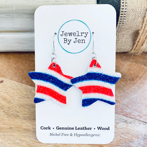 Star Earrings (Medium): Red, White & Blue Fine Glitter