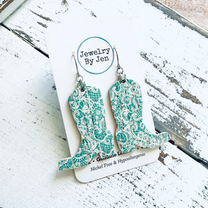Cowgirl Boot Earrings: Aqua Lace