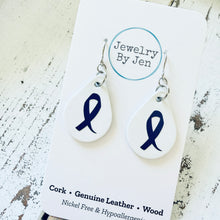 Load image into Gallery viewer, Small Teardrop Earrings: White w/Awareness Ribbon