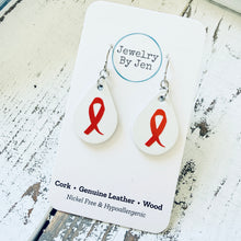 Load image into Gallery viewer, Small Teardrop Earrings: White w/Awareness Ribbon