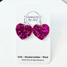 Load image into Gallery viewer, Small Heart Earrings: Fuchsia Glitter
