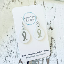 Load image into Gallery viewer, Small Teardrop Earrings: White w/Awareness Ribbon