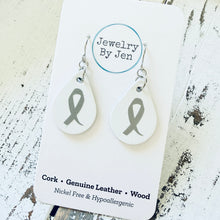 Load image into Gallery viewer, Small Teardrop Earrings: White w/Awareness Ribbon