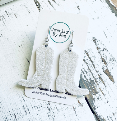 Cowgirl Boot Earrings: Fine White Glitter