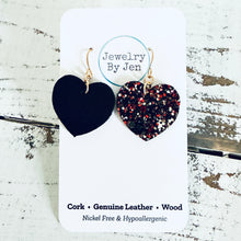 Load image into Gallery viewer, Small Heart Earrings: Black/Red/Gold Glitter