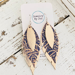 Jagged Feather Earrings: Rose Gold & Navy Tooled