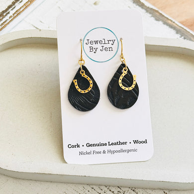 Small Teardrop Earrings: Black Western Tooled w/Horseshoe Charm