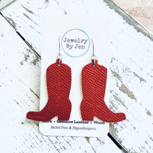 Load image into Gallery viewer, Cowgirl Boot Earrings: Ruby Red Saffiano
