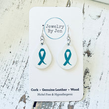 Load image into Gallery viewer, Small Teardrop Earrings: White w/Awareness Ribbon